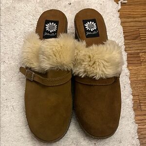 Yellow Box Brown Fur-Lined Mules
